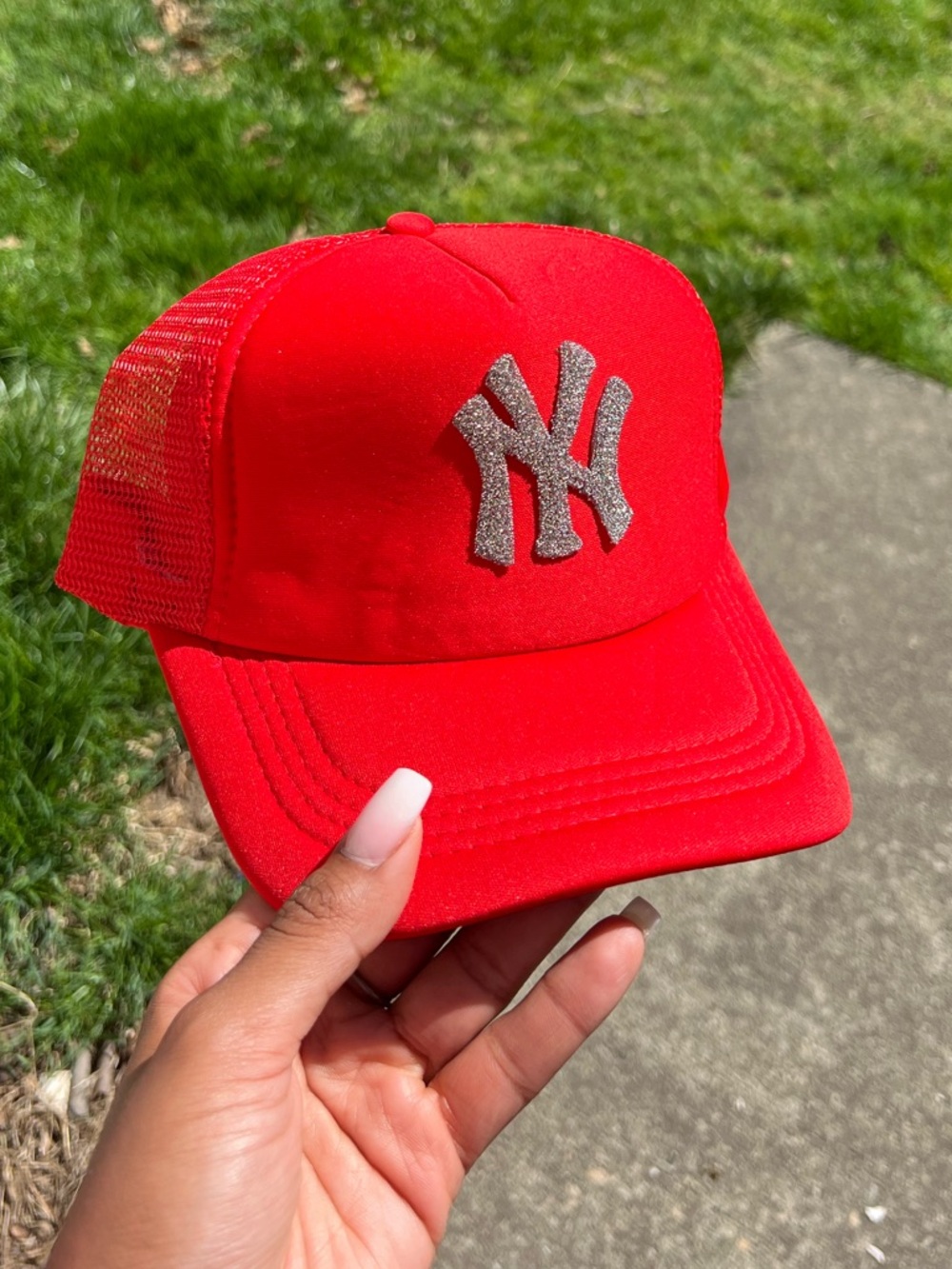 Red New York Yankee Trucker Hat with Glitter Logo